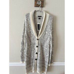 NWT Design History Womens Size XL Gray Cream Long Cardigan Sweater Button Front